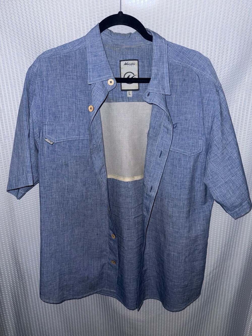 Mojo Sportswear Company Mens Blue Short Sleeve Vented Button Down Fishing Shirt